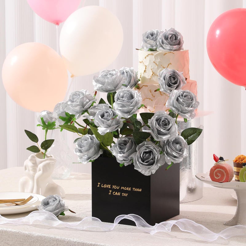 Tifuly Silver Roses Artificial Flowers -12Pcs Realistic Single Long Stem Fake Silk Roses Bouquet for Party Home Wedding Centerpiece Hotel Office Decor - Image 4