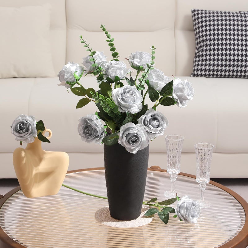 Tifuly Silver Roses Artificial Flowers -12Pcs Realistic Single Long Stem Fake Silk Roses Bouquet for Party Home Wedding Centerpiece Hotel Office Decor - Image 3