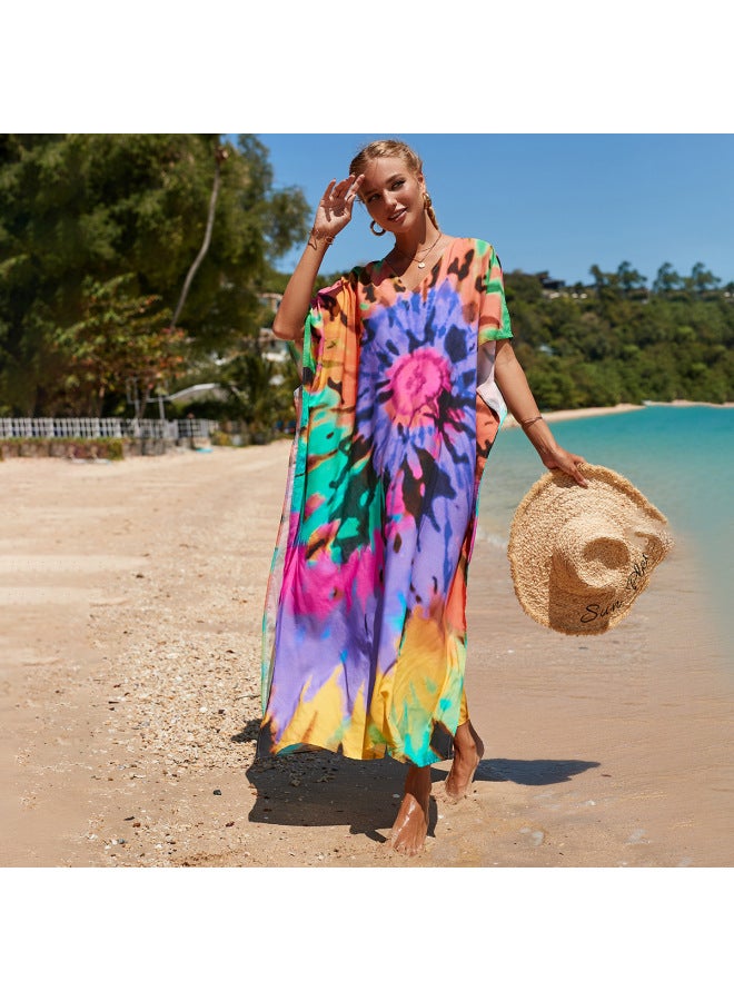 Generic European And American Rayon Tie-dyed Beach Blouse Robe Loose Seaside Vacation Sun Protection Clothing Bikini Swimsuit Outer Wear-Color:33-purple- - Image 1