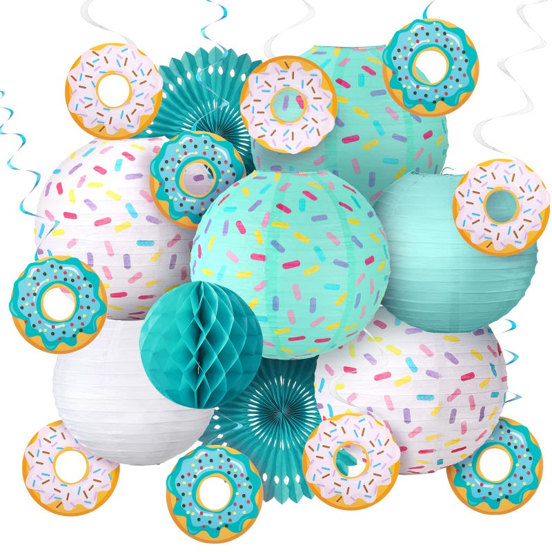 Hortsun 19 Pcs Donut Birthday Party Decorations Lanterns Hanging Donut Theme Decor Paper Lanterns Honeycomb Decorations Sweet One Birthday Party Supplies Donuts Decor Candy Ice CreamBlue - Image 3