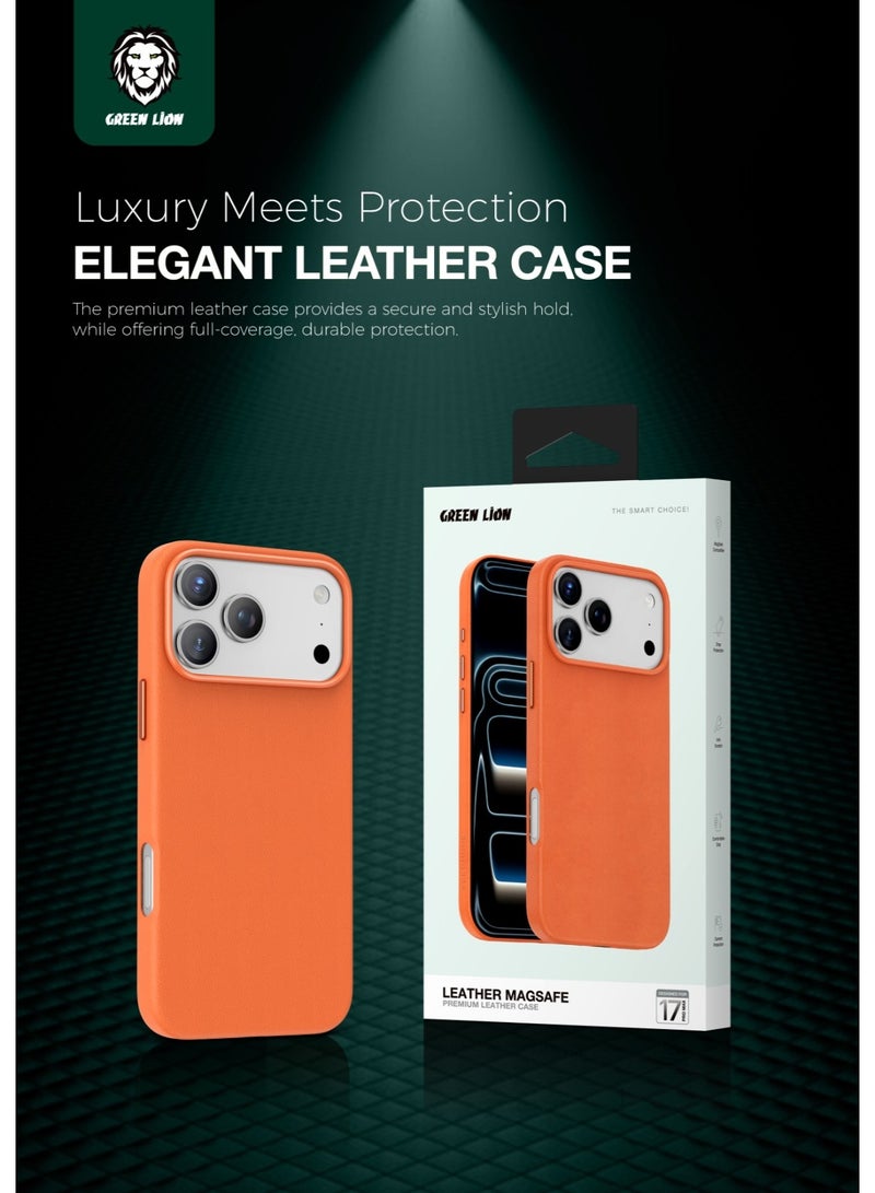 GREEN LION iPhone17 Pro Case Leather MagSafe / Camera Protection / Compatible Grip / Drop Protection Anti Scratch back cover- Orange - Image 5