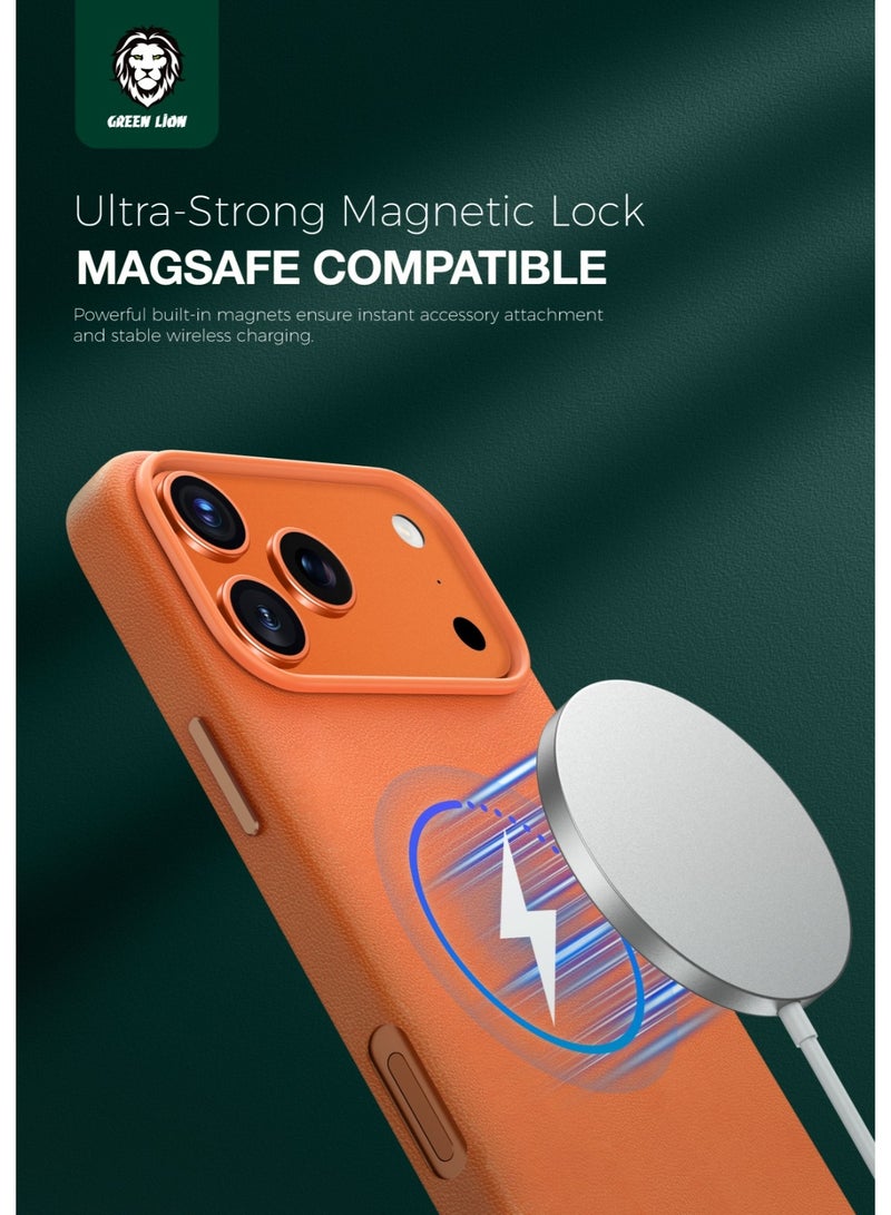 GREEN LION iPhone17 Pro Case Leather MagSafe / Camera Protection / Compatible Grip / Drop Protection Anti Scratch back cover- Orange - Image 4