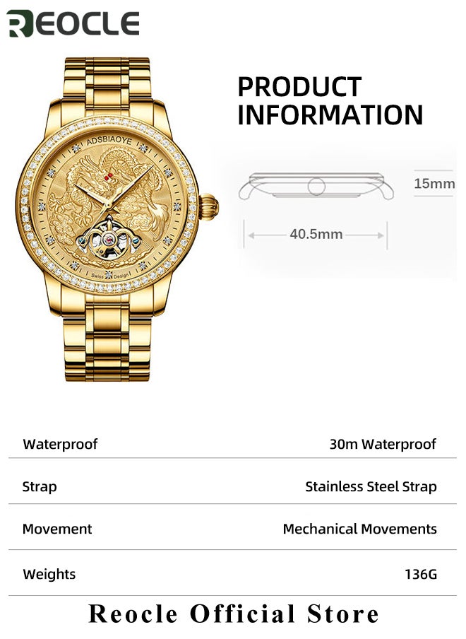 REOCLE Men’s Mechanical Watch Quartz Watch with Dragon Carved Dial & Stainless Steel Strap & Luminous Hands & Everyday Water Resistance Luxury Diamond Business Wristwatch  - Image 5