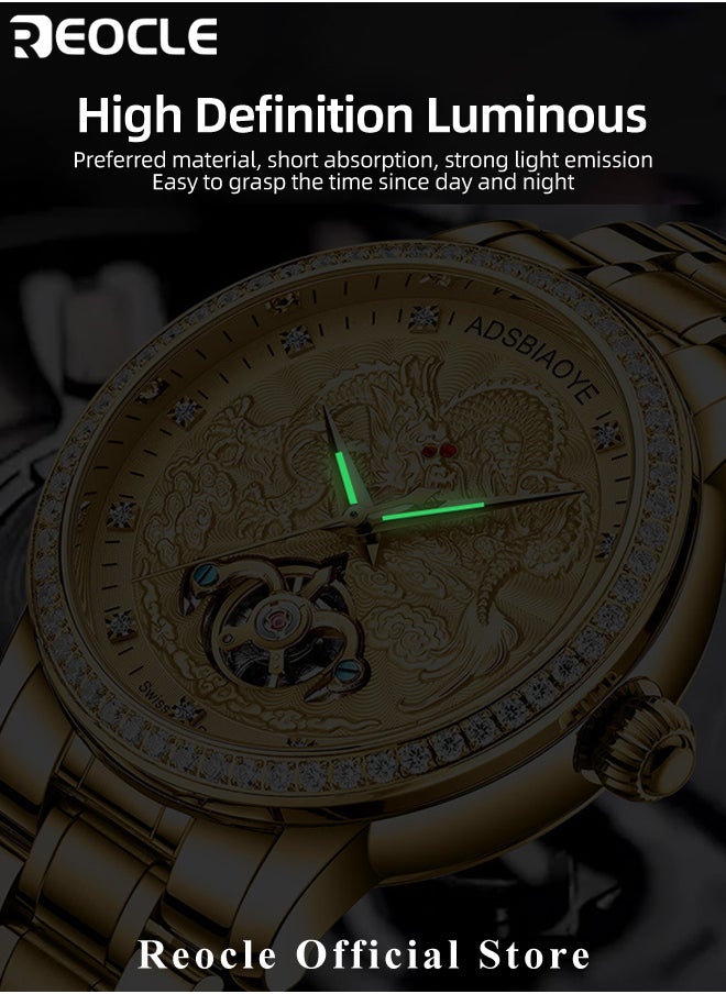 REOCLE Men’s Mechanical Watch Quartz Watch with Dragon Carved Dial & Stainless Steel Strap & Luminous Hands & Everyday Water Resistance Luxury Diamond Business Wristwatch  - Image 4