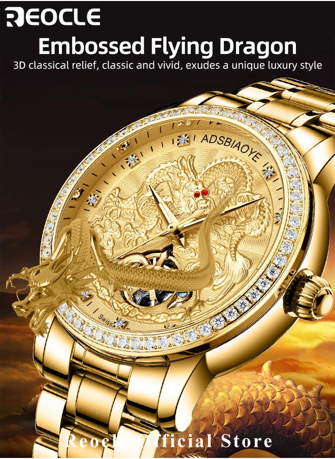REOCLE Men’s Mechanical Watch Quartz Watch with Dragon Carved Dial & Stainless Steel Strap & Luminous Hands & Everyday Water Resistance Luxury Diamond Business Wristwatch  - Image 3