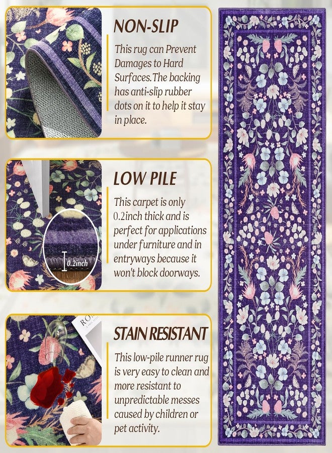 Rtizon Runner Rug, 2x6 Washable Runners for Hallways, Non-Slip Purple Area Rugs for Bedroom Office Entryway Kitchen, Vintage Floral Low Pile Rug Living Room,Purple and Blue - Image 2