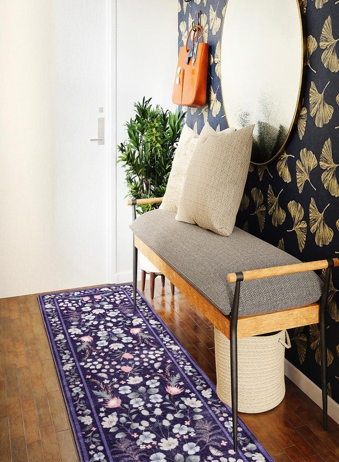 Rtizon Runner Rug, 2x6 Washable Runners for Hallways, Non-Slip Purple Area Rugs for Bedroom Office Entryway Kitchen, Vintage Floral Low Pile Rug Living Room,Purple and Blue - Image 4