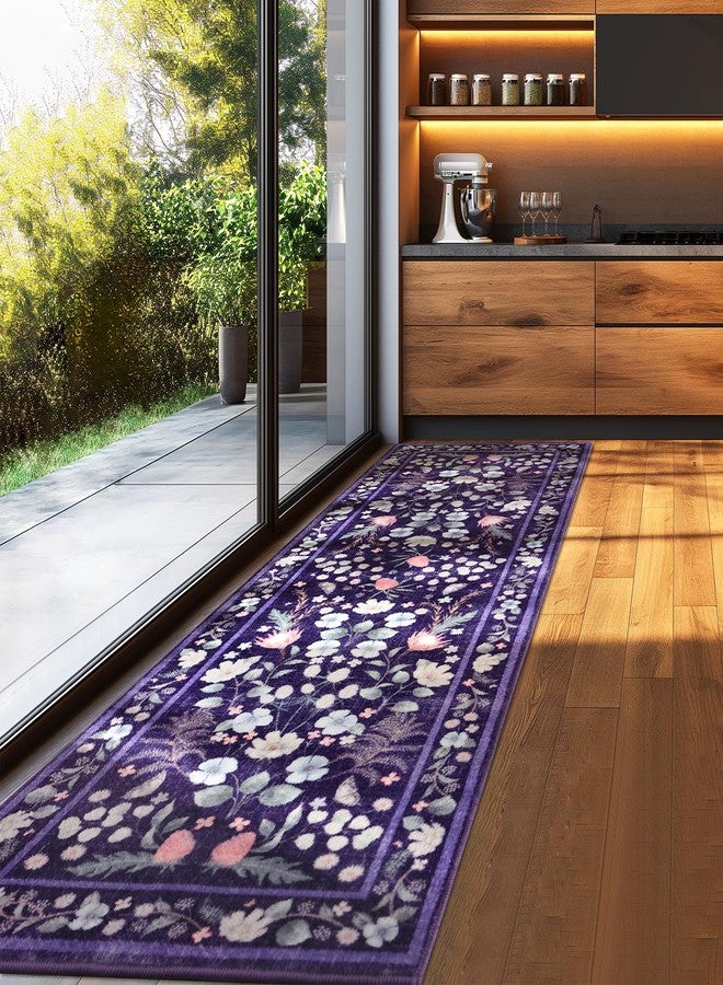 Rtizon Runner Rug, 2x6 Washable Runners for Hallways, Non-Slip Purple Area Rugs for Bedroom Office Entryway Kitchen, Vintage Floral Low Pile Rug Living Room,Purple and Blue - Image 5