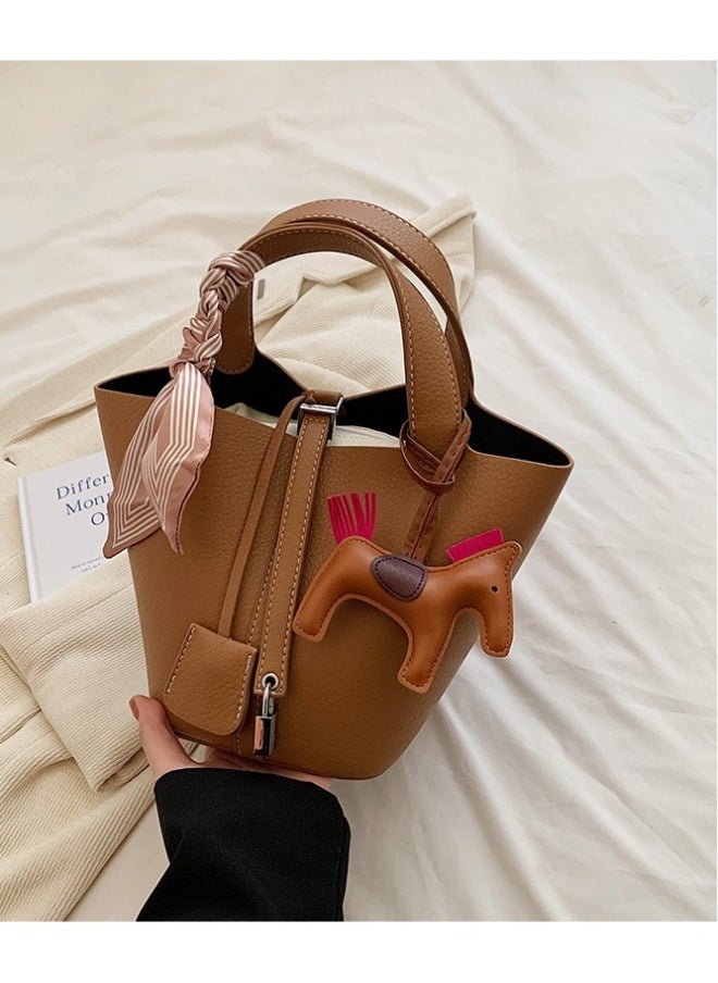 Patchwork Pendant Decor Simple Design Satchel Bag Include Pony Pendant and Silk Scarf