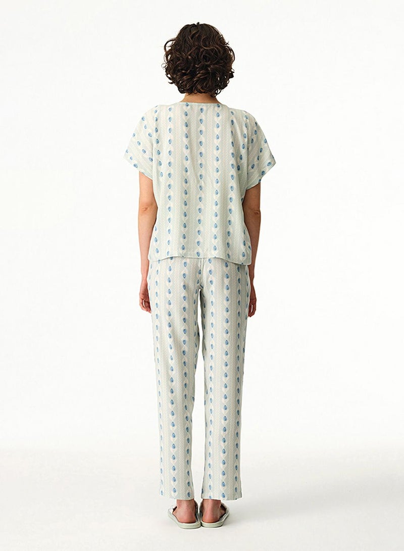 Penti Women's Viscose Lounge Serenity Striped Shirt & Pants Set - Light Green - Image 2