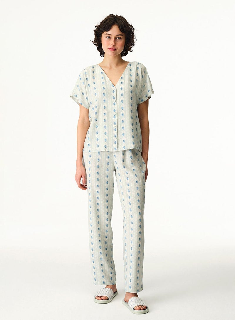 Penti Women's Viscose Lounge Serenity Striped Shirt & Pants Set - Light Green - Image 1