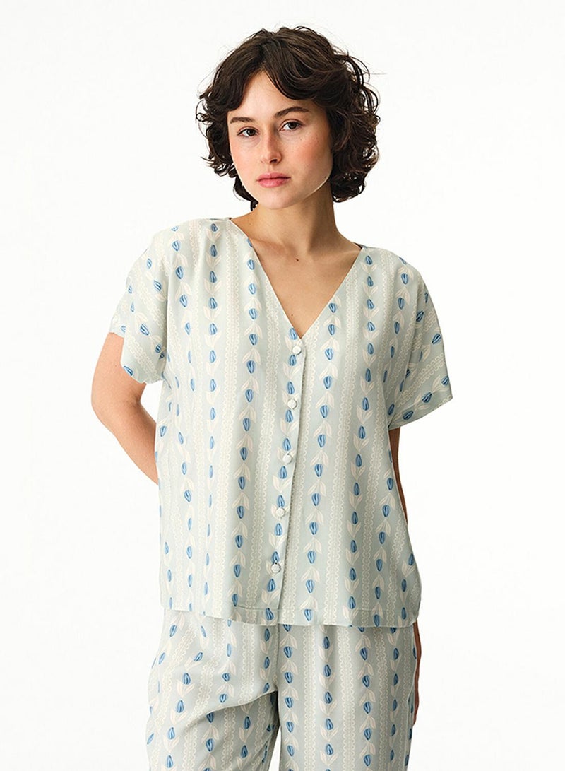 Penti Women's Viscose Lounge Serenity Striped Shirt & Pants Set - Light Green - Image 3