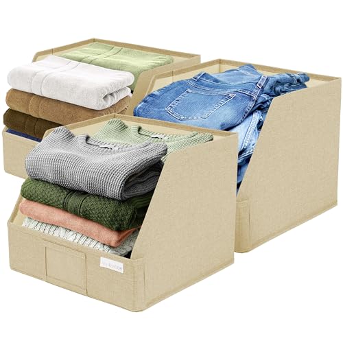 VIVIDECOR Open Front Closet Storage Bins 12x12x10 Trapezoid Shelf Organizer Easy Access Fabric Baskets for Clothes Towels Beige 3 Pack - Image 1