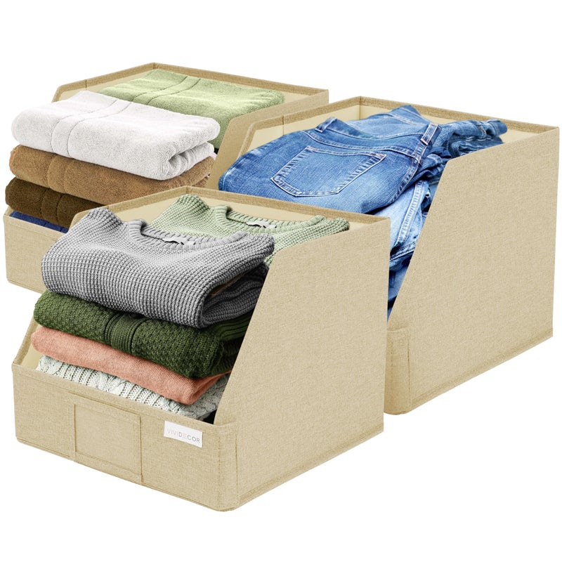 VIVIDECOR Open Front Closet Storage Bins 12x12x10 Trapezoid Shelf Organizer Easy Access Fabric Baskets for Clothes Towels Beige 3 Pack - Image 2