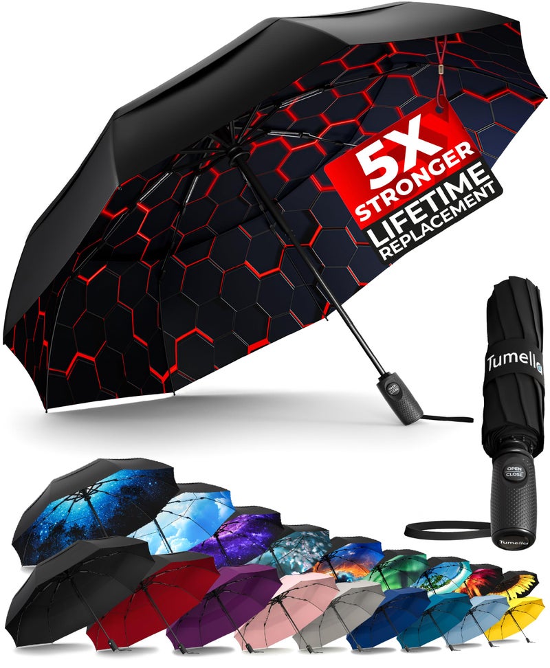TUMELLA Strongest Windproof Travel Umbrella (Compact, Superior & Beautiful), Small Strong but Light Portable and Automatic Folding Rain Umbrella, Durable Premium Grip, Fits Car & Backpack Honeycomb - Image 1
