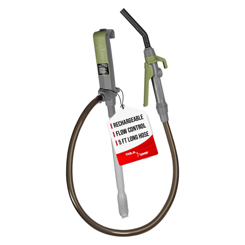 TERA PUMP 2X More Powerful Rechargeable Battery Liquid Transfer Pump Up to 20 Faster Flow 121 Liter per Minute Precise Nozzle Extra Long 15 Meter Hose for E85 Gas Diesel Kerosene and more