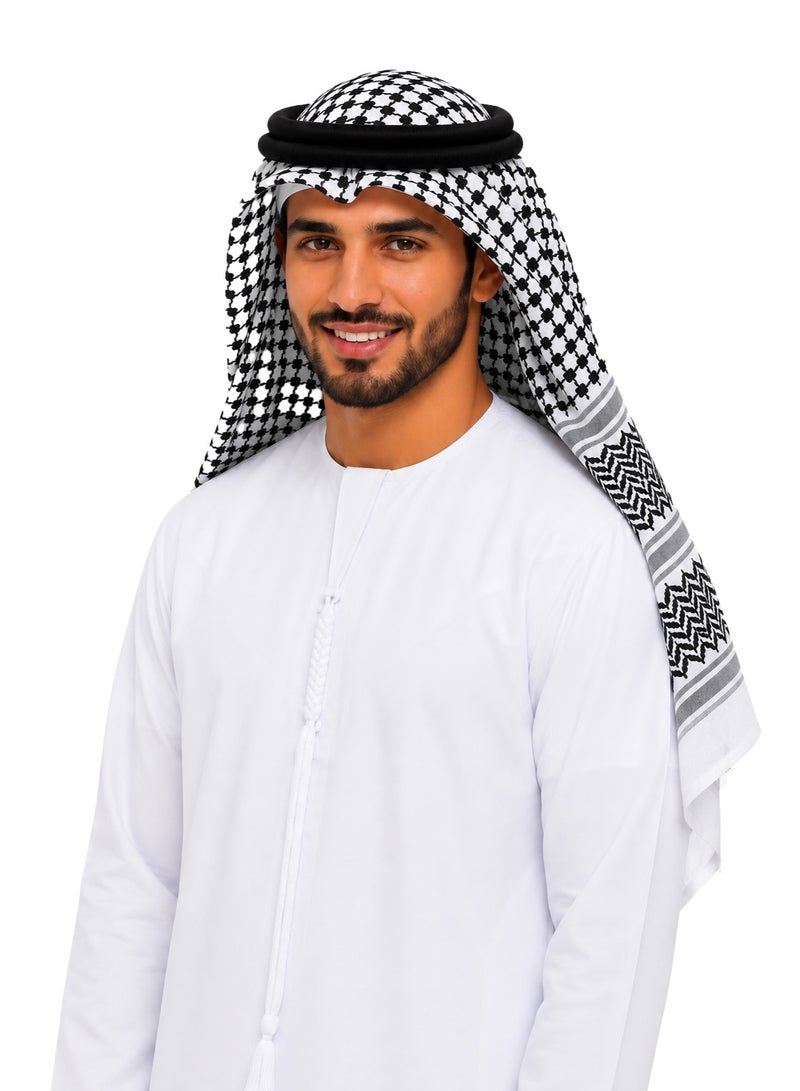 راحمة كوليكشنز طقم غطاء رأس رجالي عربي أصيل من رحمة - ثوب على الطراز الإماراتي/السعودية، وكندورة كلاسيكية، وشماغ/ غترة 138×138 سم، وعقال/ حلقة سوداء، وقلنسوة، طقم تقليدي من 3 قطع - Image 1