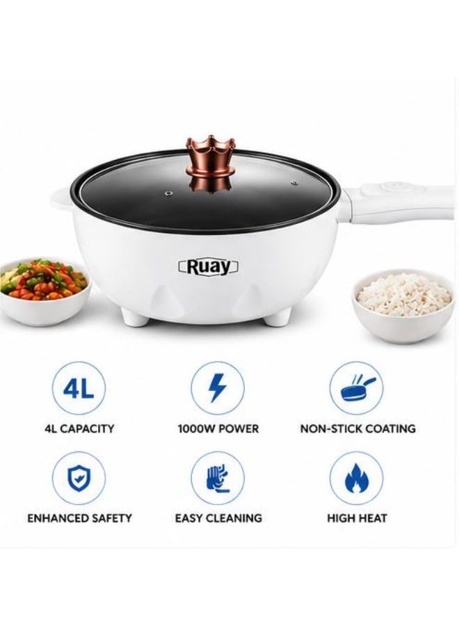 Ruay Multifunction Electric Skillet 4L Non Stick Cooking Pot 1000W Multi Cooker Frying Pan With Glass Lid For Frying Boiling Sautéing RA90 - Image 3