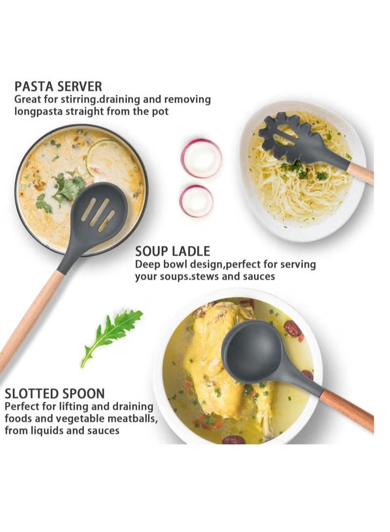 أكاليكس 12 قطعة أواني الطبخ سيليكون أواني المطبخ مجموعة - تيرنر ملقط ، ملعقة ، ملعقة ، فرشاة ، خفقت ، مقبض خشبي رمادي أدوات المطبخ مع حامل ل نونستيك تجهيزات المطابخ رمادي / أسود - Image 3
