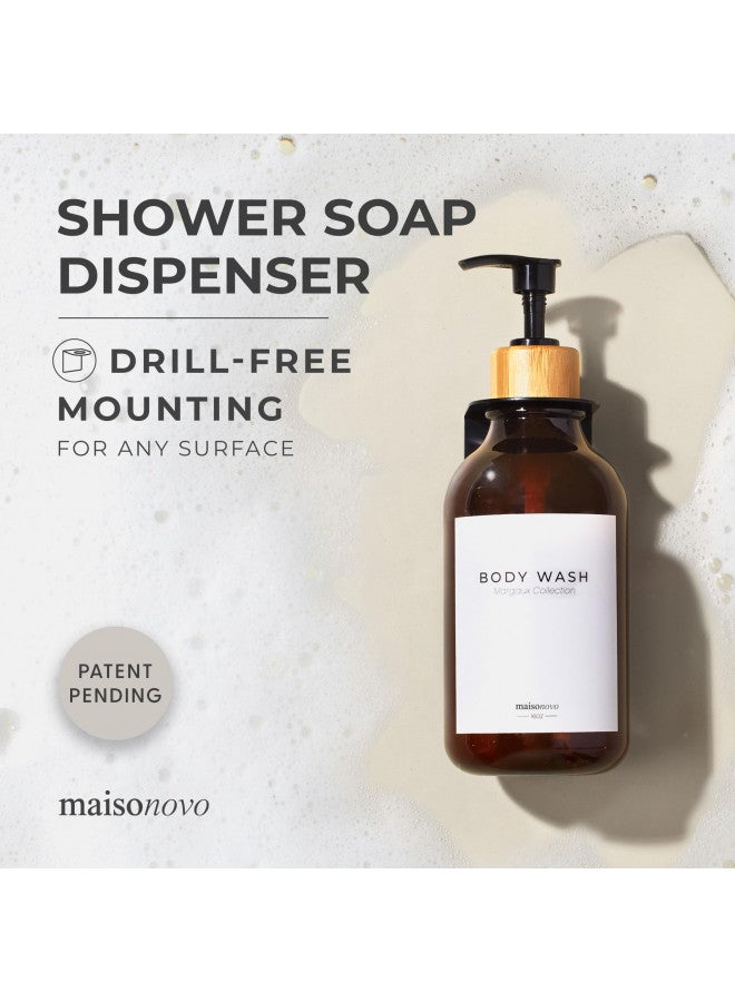 MAISONOVO MaisoNovo Shampoo and Conditioner Dispenser - Shower Soap Dispenser Wall Mounted - 16.9 fl oz Set of 3 Amber Plastic Bottles Black Bamboo Pump - Shampoo Dispenser, Shower Dispenser 3 Chamber No Drill  - Image 1