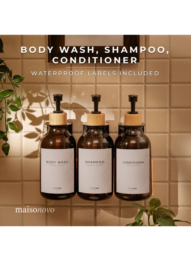 MAISONOVO MaisoNovo Shampoo and Conditioner Dispenser - Shower Soap Dispenser Wall Mounted - 16.9 fl oz Set of 3 Amber Plastic Bottles Black Bamboo Pump - Shampoo Dispenser, Shower Dispenser 3 Chamber No Drill  - Image 4