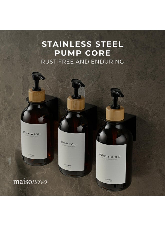 MAISONOVO MaisoNovo Shampoo and Conditioner Dispenser - Shower Soap Dispenser Wall Mounted - 16.9 fl oz Set of 3 Amber Plastic Bottles Black Bamboo Pump - Shampoo Dispenser, Shower Dispenser 3 Chamber No Drill  - Image 3