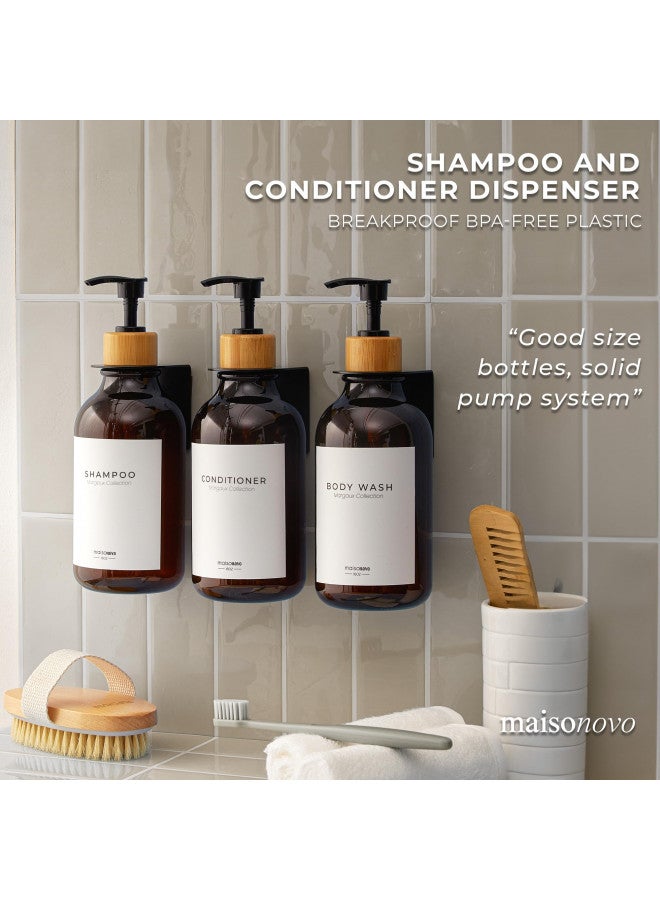 MAISONOVO MaisoNovo Shampoo and Conditioner Dispenser - Shower Soap Dispenser Wall Mounted - 16.9 fl oz Set of 3 Amber Plastic Bottles Black Bamboo Pump - Shampoo Dispenser, Shower Dispenser 3 Chamber No Drill  - Image 2