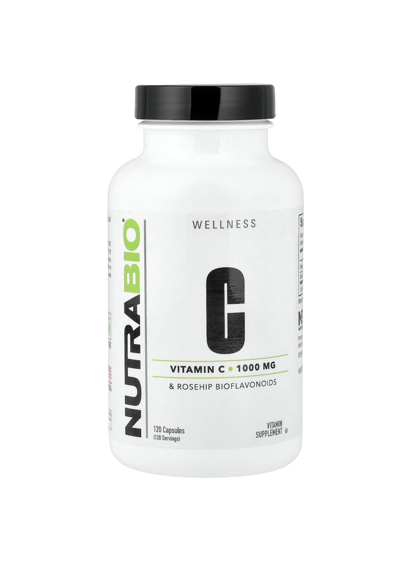 NutraBio Vitamin C & Rosehip Bioflavonoids, 120 Capsules