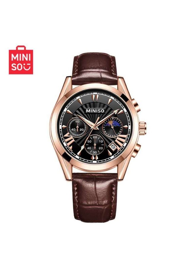 Miniso Luxury Quartz Wristwatch Model 5531 – Classic Leather Strap Waterproof Watch for Men, 30M Water Resistance, Elegant Black Rose Gold Design - Image 1