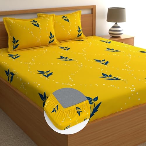 Home Ecstasy 100% Cotton King Fitted Bedsheet with 2 Pillow Covers - (Size 72 x 78 inches, 140 TC, Colour - Yellow) - Image 1
