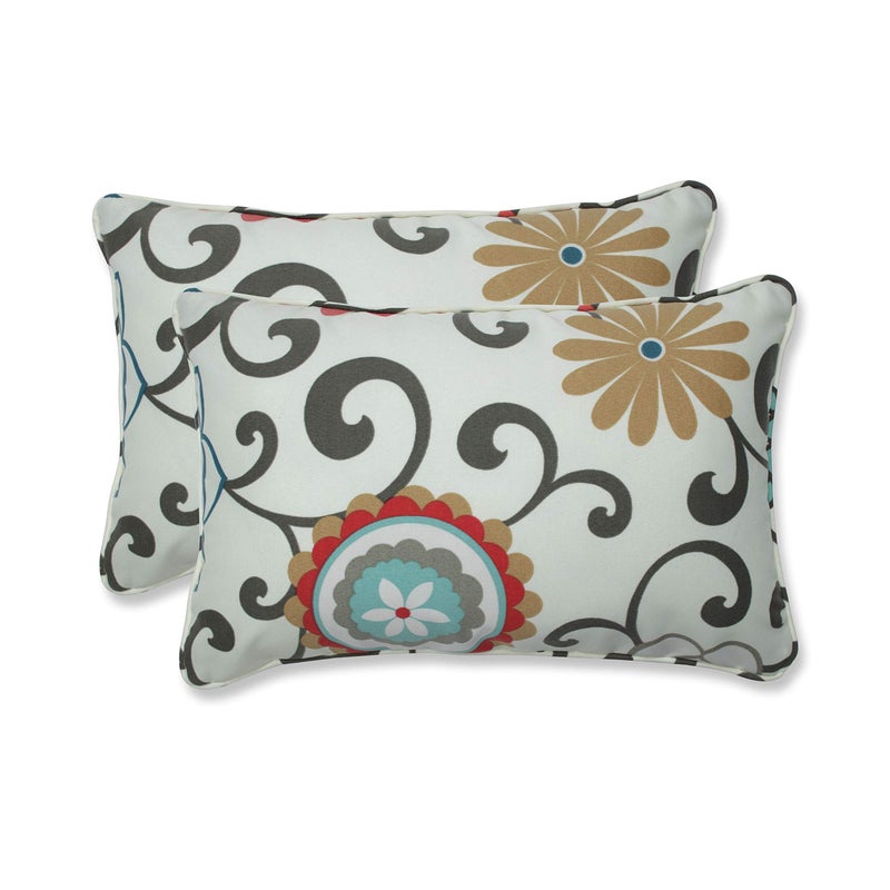 Pillow Perfect Pillow Perfect Floral IndoorOutdoor Accent Throw Pillow Plush Fill Weather and Fade Resistant Lumbar  115 x 185 BlueBrown Pom Pom Play 2 Count 
