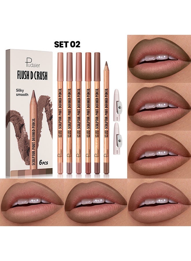 pudaier Flush D Crush, Nude Matte Lip Liner Set, 6 Colors Lipliner Pencil Pack with Sharpener for Define & Sculpt Lip, Long-Lasting Waterproof Non-Smudge Brown Lipliner Delineador De Labios Set 02 - Image 2
