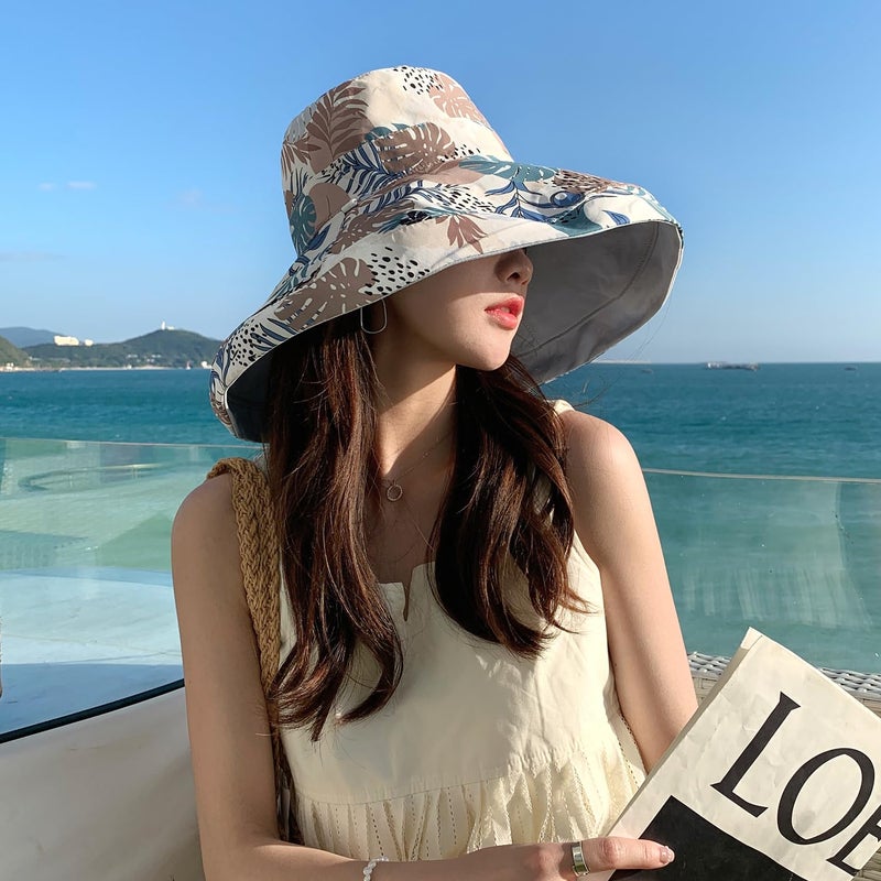 HUAMULAN Women Wide Brim Summer Sun Hat Wired Edge Floral Beach Bucket Hats Reversible Foldable Fishing Travel UV Protection Lady Hat Windproof - Image 2