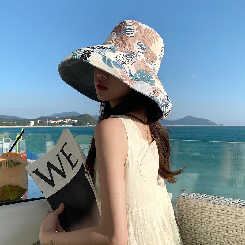 HUAMULAN Women Wide Brim Summer Sun Hat Wired Edge Floral Beach Bucket Hats Reversible Foldable Fishing Travel UV Protection Lady Hat Windproof - Image 4