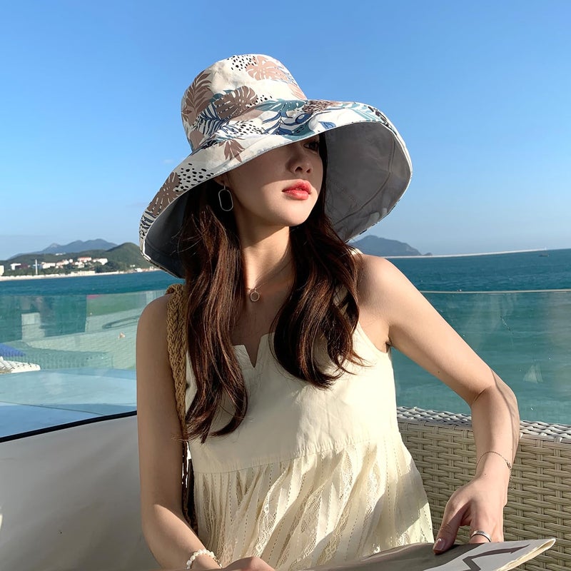 HUAMULAN Women Wide Brim Summer Sun Hat Wired Edge Floral Beach Bucket Hats Reversible Foldable Fishing Travel UV Protection Lady Hat Windproof - Image 5