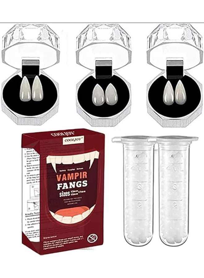 COOLJOY 3 Sizes Vampire Fangs Teeth with Adhesive Halloween Cosplay Props White Horror False Teeth Props Party Favors Masquerade Accessories Gift - Image 1