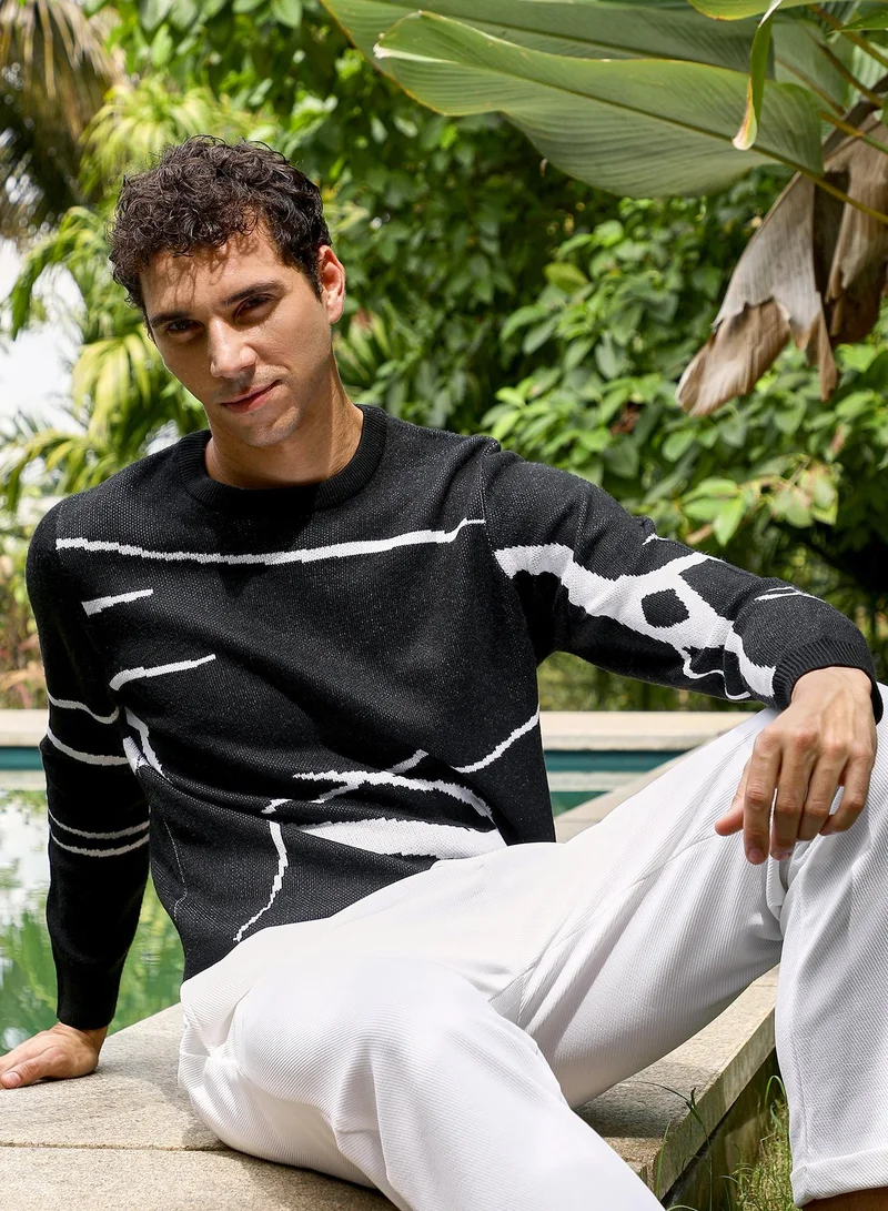 كامبوس سوترا كنزة رجالية بنمط تجريدي أحادي مع ياقة دائرية من نسيج جاكار محبوك باللون الأسود الداكن