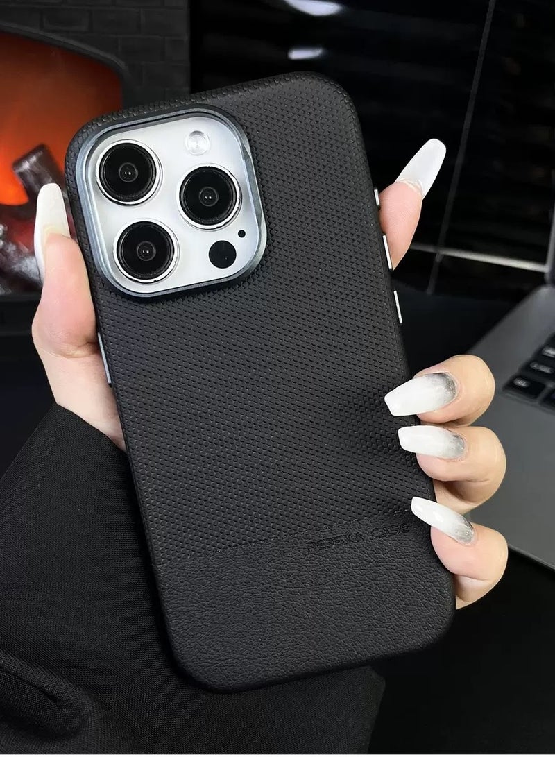 YANCI For iPhone 16 Pro Magsafe Case Cuir Two Tone Leather Cover / Hybrid Case /Compact Design / Durable Back Cover - Black - Image 3