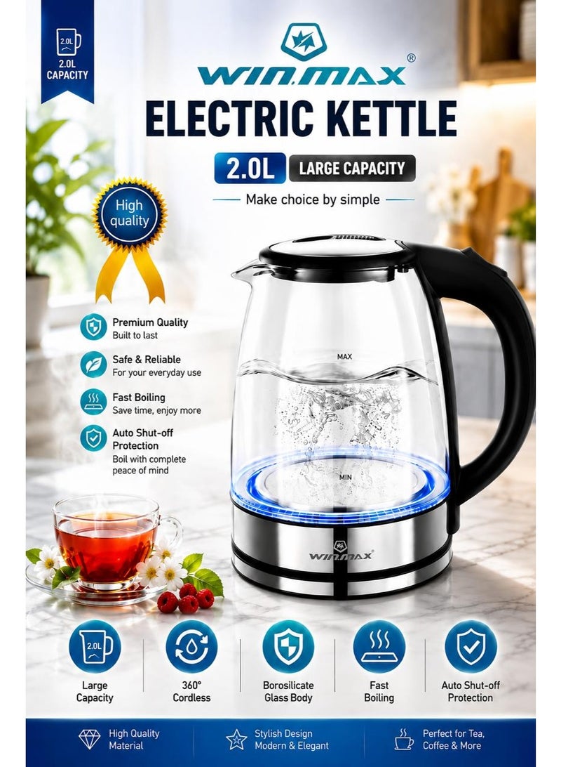 Electric Glass Kettle 2.0L – Cordless 360° Borosilicate Glass Water Boiler with Fast Boiling, Auto Shut-Off Protection & LED Light,