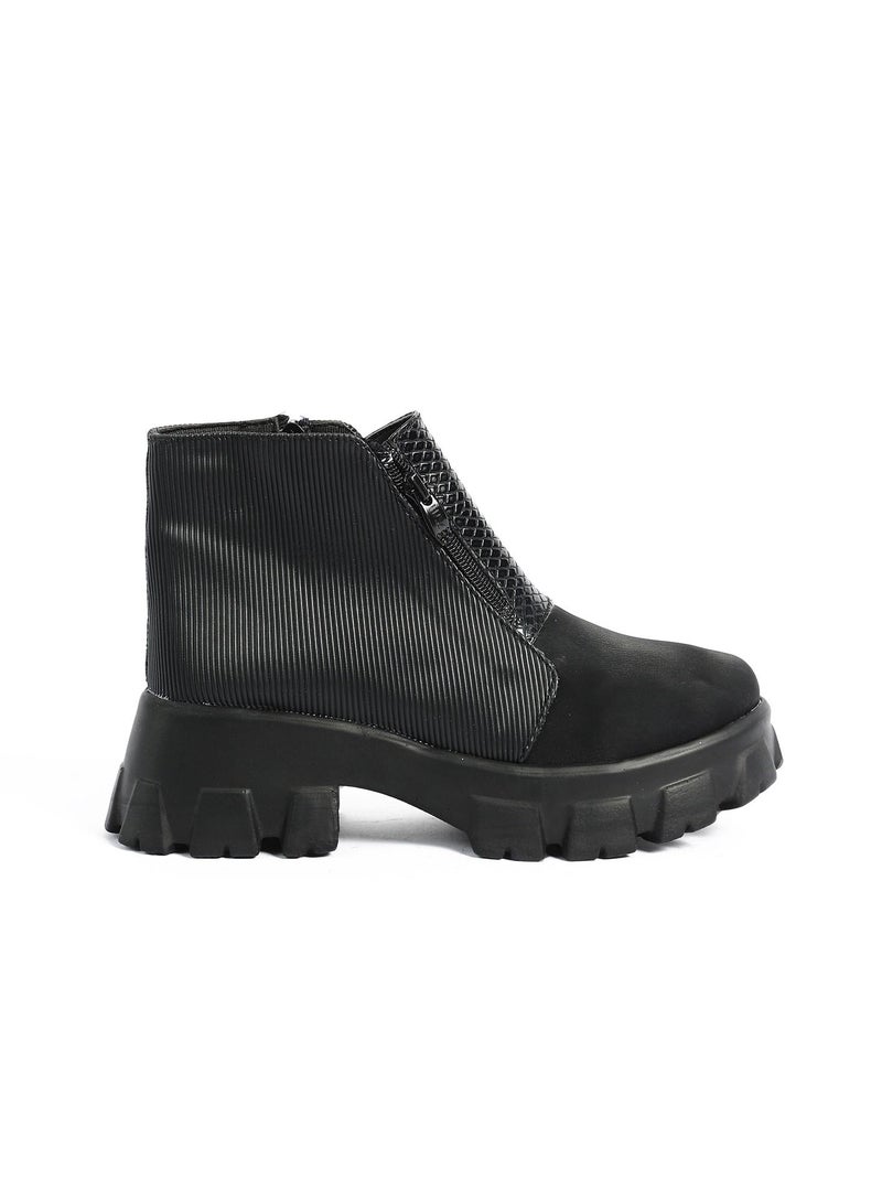 Zahwa Half Boot Satain Fabrice Texture Leather Match Matt Leather And Animal Print Snake Texture Douple Zipper - Image 1