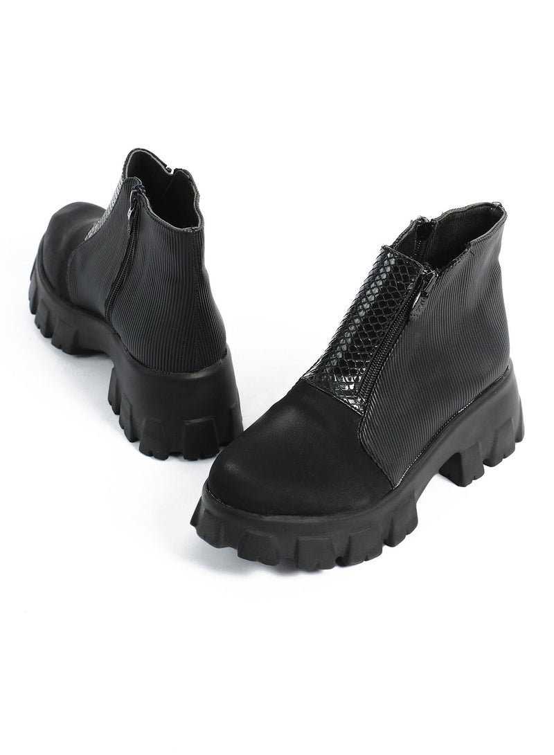 Zahwa Half Boot Satain Fabrice Texture Leather Match Matt Leather And Animal Print Snake Texture Douple Zipper - Image 3