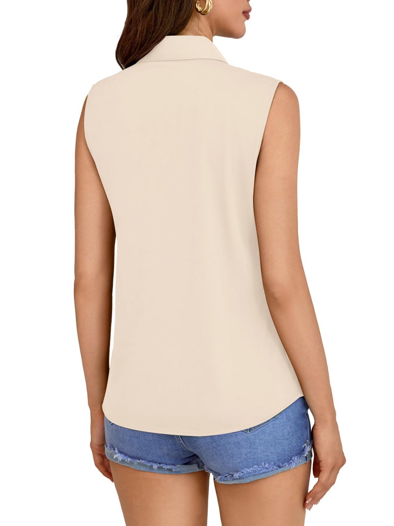 COUXILY Women's Sleeveless Button Down Shirt Tops Solid Casual Loose Blouse Collar Office Formal for Tank Womens V Neck Fit Flowy Tunic Top Plus Shirts Blouses Work Business Tunics Summer Cream M - Image 4