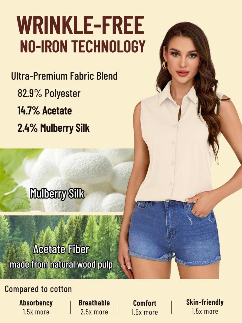 COUXILY Women's Sleeveless Button Down Shirt Tops Solid Casual Loose Blouse Collar Office Formal for Tank Womens V Neck Fit Flowy Tunic Top Plus Shirts Blouses Work Business Tunics Summer Cream M - Image 3