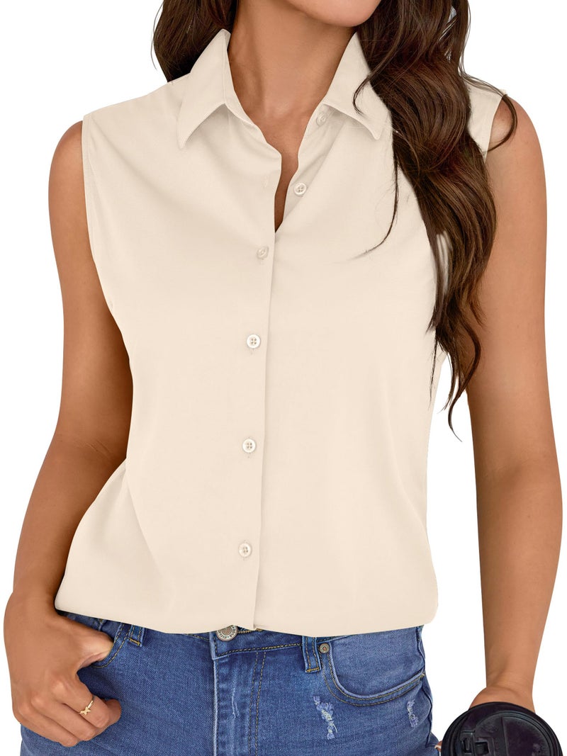 COUXILY Women's Sleeveless Button Down Shirt Tops Solid Casual Loose Blouse Collar Office Formal for Tank Womens V Neck Fit Flowy Tunic Top Plus Shirts Blouses Work Business Tunics Summer Cream M - Image 2
