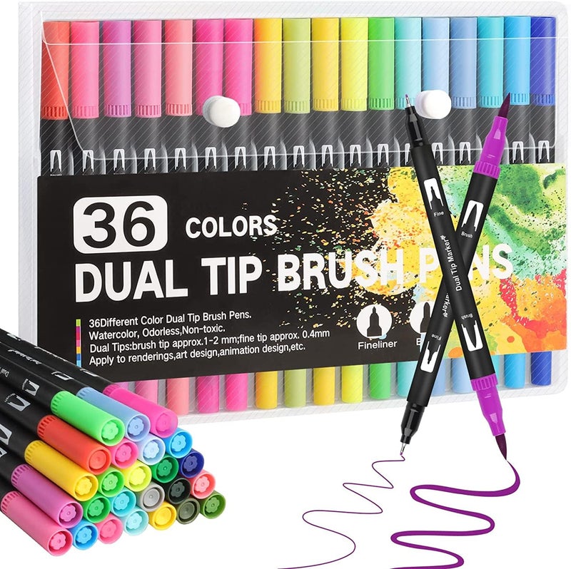 Corslet 36 Water Based Dual Tip Brush Pens: 1-2mm & 0.4mm Tips with Carrying Case for Art, Calligraphy and Sketching - Image 1