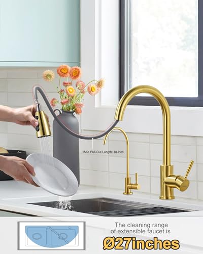WOWOW Kitchen Faucet and Water Filter Faucet Combo, WOWOW Stainless Steel Kitchen Sink Faucet with Drinking Water Faucet for Reverse Osmosis or Water Filtration System, Brushed Gold - Image 3