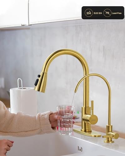 WOWOW Kitchen Faucet and Water Filter Faucet Combo, WOWOW Stainless Steel Kitchen Sink Faucet with Drinking Water Faucet for Reverse Osmosis or Water Filtration System, Brushed Gold - Image 2