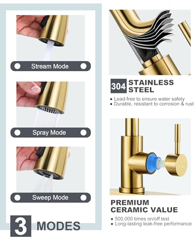 WOWOW Kitchen Faucet and Water Filter Faucet Combo, WOWOW Stainless Steel Kitchen Sink Faucet with Drinking Water Faucet for Reverse Osmosis or Water Filtration System, Brushed Gold - Image 4
