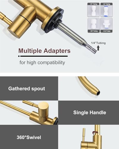 WOWOW Kitchen Faucet and Water Filter Faucet Combo, WOWOW Stainless Steel Kitchen Sink Faucet with Drinking Water Faucet for Reverse Osmosis or Water Filtration System, Brushed Gold - Image 5