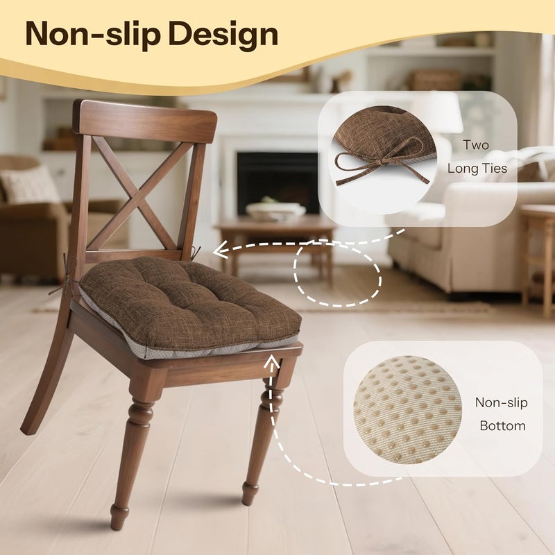 FlyGulls Non Slip Chair Cushions for Dining Chairs Set of 4 Kitchen Chair Cushions 18"x18"x3" Turfted Chair Pads Comfortable and Soft Seat Cushion with Ties, Coffee - Image 2